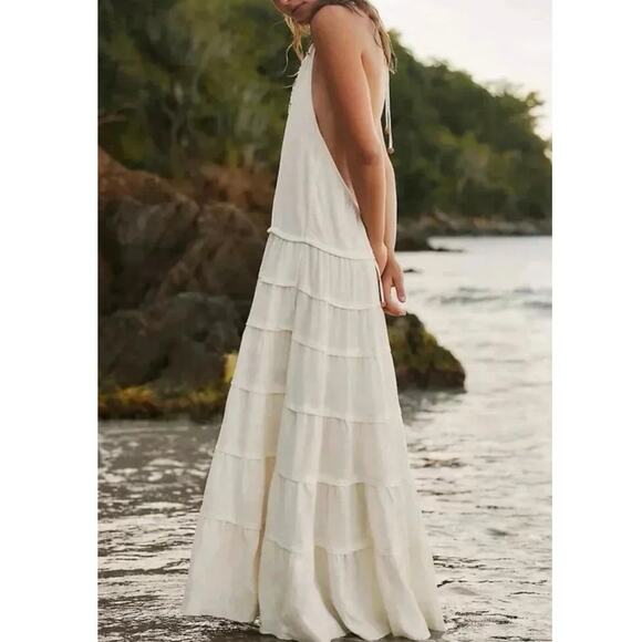 NWT Free People Somewhere Sunny Drop Waist Halter Beige Maxi Dress Sz Medium - Picture 1 of 8